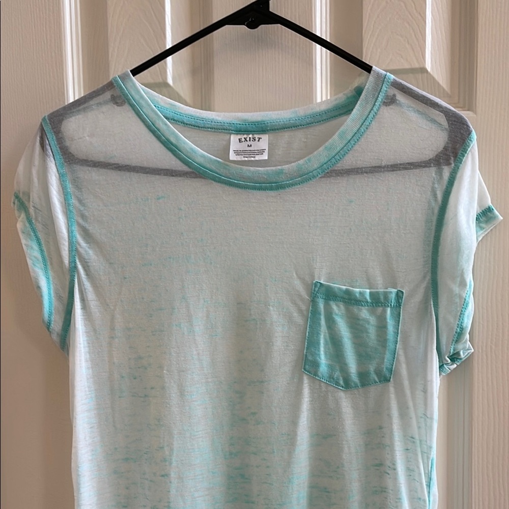 Exist Sheer Aqua T-Shirt Short Sleeve Front Pocket Relaxed Fit Medium - Picture 2 of 6